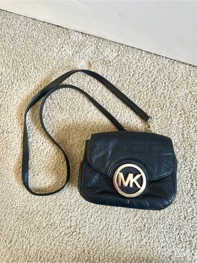 Michael Kors Black Leather Crossbody with Gold MK Medallion - Small Sized